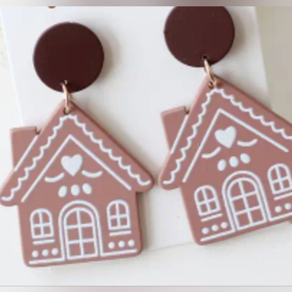 light‎ dangle acrylic Brown Earrings Gingerbread Christmas Holiday House